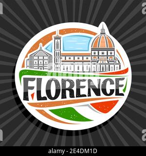 Logo vettoriale per Firenze, badge decorativo bianco con illustrazione del paesaggio della città di firenze sullo sfondo del cielo del giorno, design artistico frigorifero turistico mag Illustrazione Vettoriale