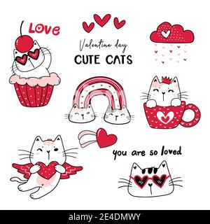 Carino gatto rosso San Valentino cartoon vettore collezione, insieme clitpart valentine, doodle gatto disegno in rosso Illustrazione Vettoriale