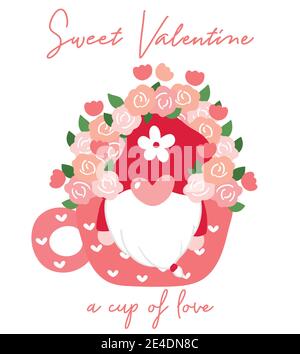 Carino San Valentino Gnome in tazza di caffè con fiore, dolce San Valentino clip art, cartoon flat vettore per t shirt stampabile, biglietto di auguri, sublimazione Illustrazione Vettoriale