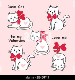 Carino gatto bianco di San Valentino con il set d'arte di clip di prua del nastro rosso, insieme di elementi vettoriali di illustrazione del cartone animato Illustrazione Vettoriale