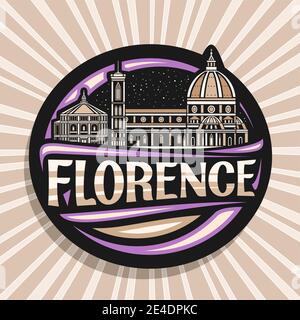 Logo vettoriale per Firenze, etichetta decorativa nera con contorno illustrazione del paesaggio storico della città di firenze su sfondo cielo crepuscolo, design frid turistico Illustrazione Vettoriale