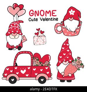 Carino San Valentino amore gnome in Red Hat raccolta, cartone animato doodle vettore piatto clip art Illustrazione Vettoriale