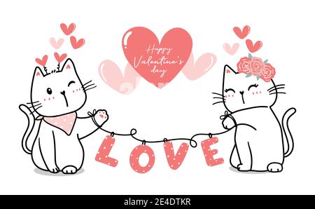 Carino San Valentino gatto coppia con amore cuore, felice San Valentino, carino gatto cartoon contorno rosa cuore vettore per banner, materiale stampabile, saluto auto Illustrazione Vettoriale