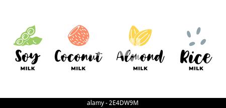 Set logo latte di soia, mandorla, cocco e riso. Set di elementi di design per badge di imballaggio. Etichette per bevande vegane sane disegnate a mano. Illustrazione eps del vettore di raccolta del logotipo isolato Illustrazione Vettoriale