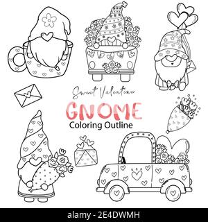 Carino Valentine Gnome coloring outline collection, set di francobolli digitali Sweet Valentine, set di disegni Gnome cartoon doodle Illustrazione Vettoriale