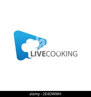 Pulsante di gioco con il cappello da chef online design del logo della cucina dal vivo. Logo online live streaming in stile spazio negativo Illustrazione Vettoriale