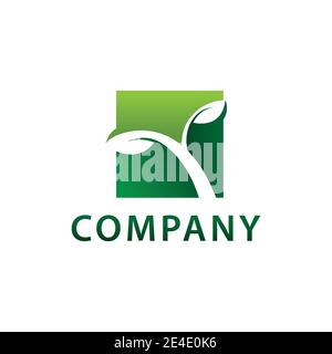 Immagine grafica vettoriale con logo orizzontale. Logo paesaggistico con crescita di piante all'interno di una forma quadrata Illustrazione Vettoriale