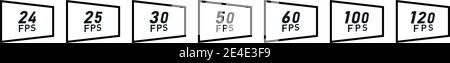 FPS semplice - Set di icone fotogrammi al secondo. Valore numerico nero su schermo inclinato a lato Illustrazione Vettoriale
