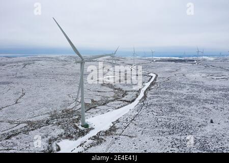 Whitelee Wind Farm, Eaglesham, Scozia, Regno Unito. 15 gennaio 2021. Nella foto: Le persone che camminano e fanno jogging sulla brughiera innevata della Whitelee Wind Farm che si allenano quotidianamente mentre la Scozia è ancora in fase 4 di blocco a causa del Coronavirus (COVID-19) Pandemic. Whitelee Wind Farm visto sotto un tappeto di neve, che è ancora steso sul terreno a causa della sua posizione sul terreno più alto. È popolare con la gente che prende il loro esercizio quotidiano di blocco. Credito: Colin Fisher Foto Stock