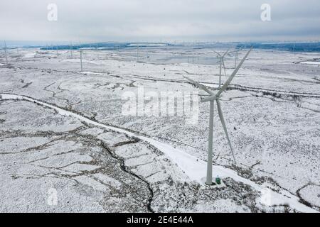 Whitelee Wind Farm, Eaglesham, Scozia, Regno Unito. 15 gennaio 2021. Nella foto: Le persone che camminano e fanno jogging sulla brughiera innevata della Whitelee Wind Farm che si allenano quotidianamente mentre la Scozia è ancora in fase 4 di blocco a causa del Coronavirus (COVID-19) Pandemic. Whitelee Wind Farm visto sotto un tappeto di neve, che è ancora steso sul terreno a causa della sua posizione sul terreno più alto. È popolare con la gente che prende il loro esercizio quotidiano di blocco. Credito: Colin Fisher Foto Stock