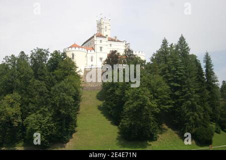 Primo piano di un castello medievale in cima alla collina, circondato da boschi, foto scattata con teleobiettivo, in una giornata parzialmente nuvolosa d'estate Foto Stock