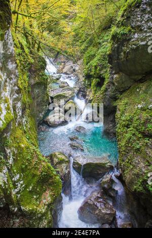 Il fiume Tolminka scorre attraverso la Gola di Tolmin nel Parco Nazionale del Triglav, nella Slovenia nord occidentale Foto Stock