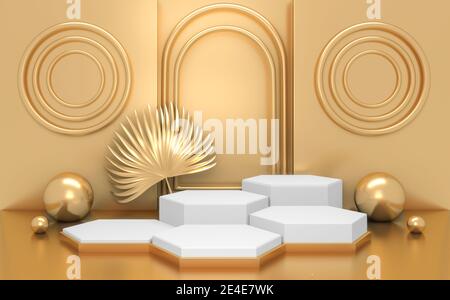 Il podio dorato geometrico per la presentazione del prodotto. Rendering 3D Foto Stock