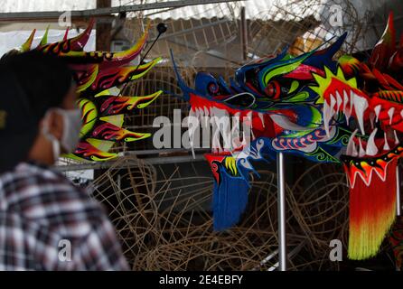 Bogor, Indonesia. 23 gennaio 2021. Un artigiano creatore di leoni (Barongsai) e drago (Liong) costumi da ballo, ispeziona le sue creazioni all'interno della sua casa prima delle celebrazioni lunari di Capodanno, a Bogor, Indonesia il 23 gennaio 2021. Milioni di cinesi in tutto il mondo celebreranno il nuovo anno lunare, il 2021 è l'anno dell'Ox, che cade il 12 febbraio in mezzo alla pandemia globale del coronavirus COVID-19. (Foto di Adrian/INA Photo Agency/Sipa USA) Credit: Sipa USA/Alamy Live News Foto Stock