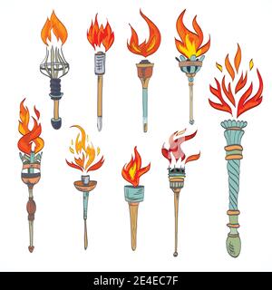 Fire incandescente fiamma schizzo retrò torcia set di icone isolato illustrazione vettoriale Illustrazione Vettoriale