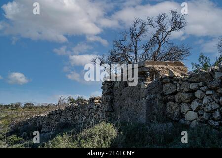 Un vecchio bunker desertato fatto di cemento e pietra, costruito sul confine precedente tra Israele e Giordania. Foto Stock