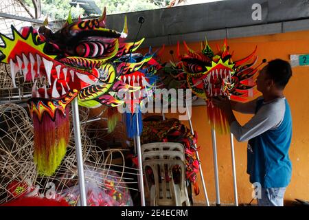 Bogor, Indonesia. 23 gennaio 2021. Un artigiano creatore di leoni (Barongsai) e drago (Liong) costumi da ballo, ispeziona le sue creazioni all'interno della sua casa prima delle celebrazioni lunari di Capodanno, a Bogor, Indonesia il 23 gennaio 2021. Milioni di cinesi in tutto il mondo celebreranno il nuovo anno lunare, il 2021 è l'anno dell'Ox, che cade il 12 febbraio in mezzo alla pandemia globale del coronavirus COVID-19. (Foto di Adrian/INA Photo Agency/Sipa USA) Credit: Sipa USA/Alamy Live News Foto Stock