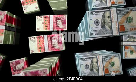 British Pound Sterling e US Dollar. Concetto di economia, commercio, mercato, crisi e finanza. Illustrazione 3d di GBP e USD. Foto Stock
