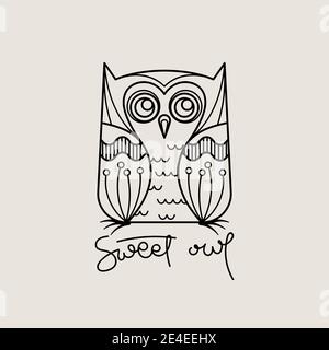 Logo con contorno di gufo dolce. Design con emblema isolato Doodel. Simbolo dell'educazione dei bambini. Illustrazione vettoriale Illustrazione Vettoriale