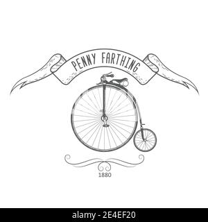 Emblema d'epoca di una bicicletta penny-farthing, moto retrò con ruota anteriore grande del 1890, vettore Illustrazione Vettoriale