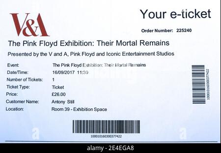 Biglietto d'ingresso per la mostra dei Pink Floyd: Their Mortal Remains presso il Victoria & Albert Museum di Londra, Inghilterra, Regno Unito, biglietto elettronico del 16 settembre 2017 Foto Stock