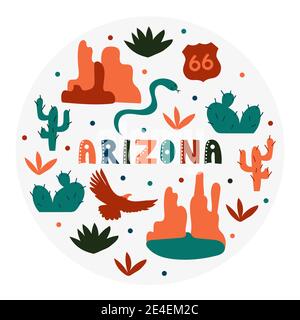 Collezione USA. Illustrazione vettoriale del tema Arizona. Simboli di stato - forma rotonda Illustrazione Vettoriale