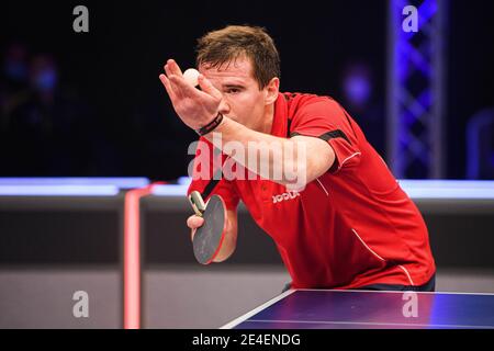 COVENTRY, REGNO UNITO. 23 gennaio 2021. Alfredas Udra (LTU) durante il 2021 World Ping Pong Masters alla Ricoh Arena sabato 23 gennaio 2021 a COVENTRY, INGHILTERRA. Credit: Taka G Wu/Alamy Live News Foto Stock