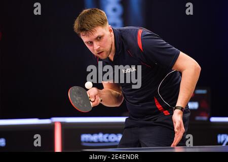 COVENTRY, REGNO UNITO. 23 gennaio 2021. Tomas Mikutis (LTU) durante il 2021 World Ping Pong Masters alla Ricoh Arena sabato 23 gennaio 2021 a COVENTRY, INGHILTERRA. Credit: Taka G Wu/Alamy Live News Foto Stock