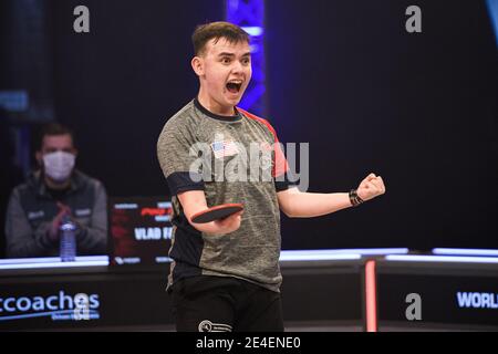 COVENTRY, REGNO UNITO. 23 gennaio 2021. Vlad Farcas (USA) durante il 2021 World Ping Pong Masters alla Ricoh Arena sabato 23 gennaio 2021 a COVENTRY, INGHILTERRA. Credit: Taka G Wu/Alamy Live News Foto Stock