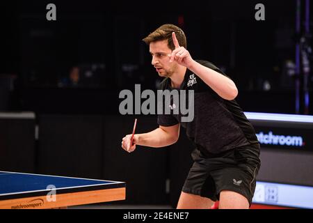 COVENTRY, REGNO UNITO. 23 gennaio 2021. Matt Ware (ENG) durante il 2021 World Ping Pong Masters alla Ricoh Arena sabato 23 gennaio 2021 a COVENTRY, INGHILTERRA. Credit: Taka G Wu/Alamy Live News Foto Stock