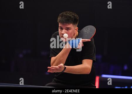 COVENTRY, REGNO UNITO. 23 gennaio 2021. Ethan Walsh (ENG) durante il 2021 World Ping Pong Masters alla Ricoh Arena sabato 23 gennaio 2021 a COVENTRY, INGHILTERRA. Credit: Taka G Wu/Alamy Live News Foto Stock