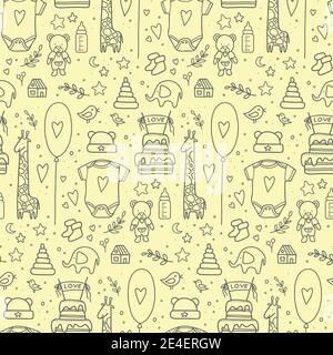 modello senza cuciture per bambini disegnato a mano. Illustrazione vettoriale. Modello del bambino del doodle isolato. Modello di compleanno dei bambini con palloncini, bandiere, giocattoli, bottiglia, torta Illustrazione Vettoriale