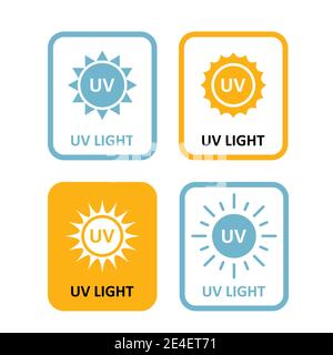 Etichette con luce UV, simbolo di informazioni sulla lampadina al quarzo per sterilizzazione, icona etichetta UV-C, icona della lampada per disinfezione al quarzo, vettore Illustrazione Vettoriale