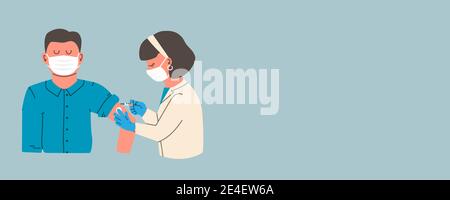 Banner con spazio per la copia del testo. Il medico o l'infermiere che indossa una maschera protettiva inietta un vaccino nell'uomo. Concetto di vaccinazione antinfluenzale. Coronavirus Illustrazione Vettoriale