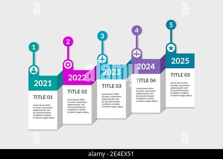 Infografica sulla timeline con 5 opzioni. Concetto di business plan. Grafico che illustra fasi, fasi, processi. diagramma del flusso di lavoro della strategia di 5 anni. Vettore Illustrazione Vettoriale