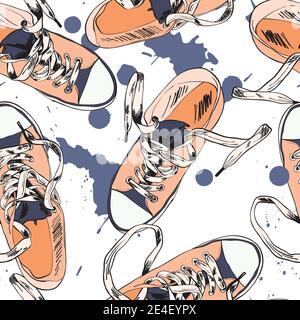 Sneakers di moda colorate funky gumshoes grunge stile con spruzzi d'inchiostro illustrazione vettoriale con pattern senza giunture Illustrazione Vettoriale