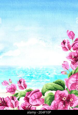 Rosa Bougainvillea rami con fiori e foglie cornice e mare con cielo blu con spazio copia, disegno a mano acquerello illustrazione e sfondo Foto Stock