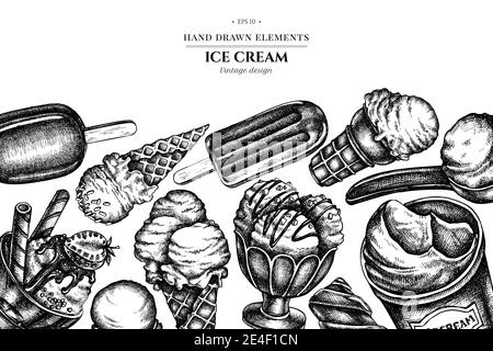 Design con ciotole per gelato bianco e nero, secchio per gelato, gelato alla papsicola, coni per gelato Illustrazione Vettoriale