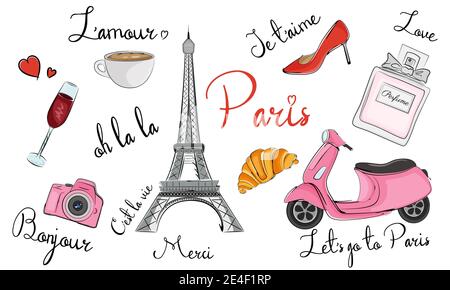 Parigi simboli disegnati a mano, icone. France Elements Collection. Illustrazione vettoriale. Illustrazione Vettoriale