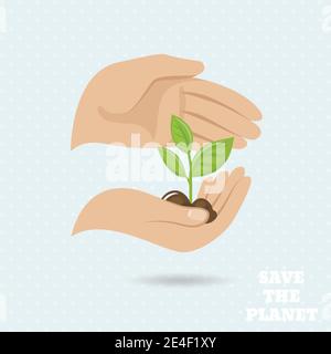 Mani di germogli di piante a salvare il pianeta terra proteggere poster illustrazione vettoriale Illustrazione Vettoriale