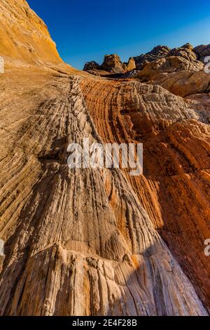 Formazioni di arenaria Navajo scolpite e striate di White Pocket, Vermilion Cliffs National Monument, Arizona, USA Foto Stock