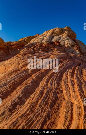 Formazioni di arenaria Navajo scolpite e striate di White Pocket, Vermilion Cliffs National Monument, Arizona, USA Foto Stock