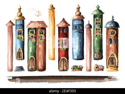 Libri con fiabe e fiabe mondo set. Immagine disegnata a mano con acquerello, isolata su sfondo bianco Foto Stock