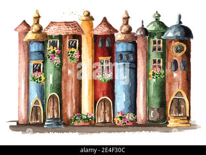 Libri con favole e mondo delle fate. Immagine disegnata a mano con acquerello, isolata su sfondo bianco Foto Stock