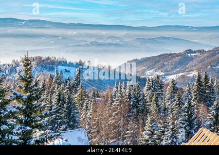 Kopaonik, Serbia tramonto aereo inverno montagna panorama con pini innevati Foto Stock