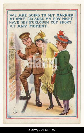 Originale post WW1 comic cartolina di coppia sposata, giovane donna alla moda, uniforme esercito, furlough taglio corto, durante la smobilitazione furlough inviato 16 giugno 1929 da Birmingham, Regno Unito Foto Stock