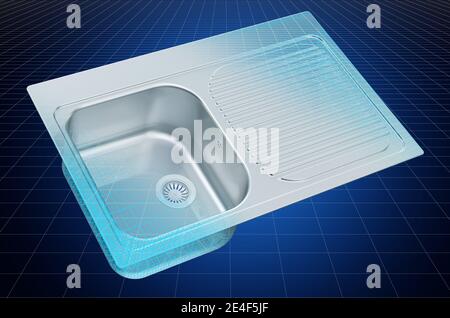 Visualizzazione modello cad 3d di lavello da cucina, blueprint. Rendering 3D Foto Stock