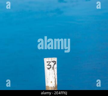 Il numero 37 scritto a mano su un palo di legno con un sfondo blu brillante Foto Stock