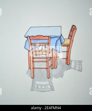 Tavolo da pranzo e sedie con tovaglia e ombra Foto Stock