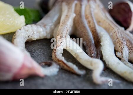 Tentacoli calamari su un piatto di ardesia con limone e aglio Foto Stock